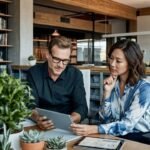 A man and a woman sit at an office desk, looking together and planning some strategies at a digital tablet.