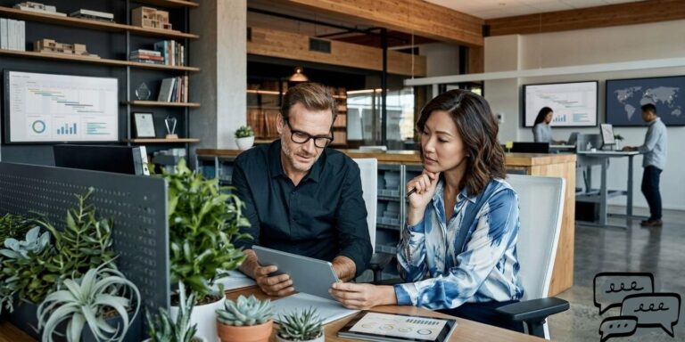 A man and a woman sit at an office desk, looking together and planning some strategies at a digital tablet.