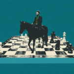 A man sitting on a horse and walking over chess