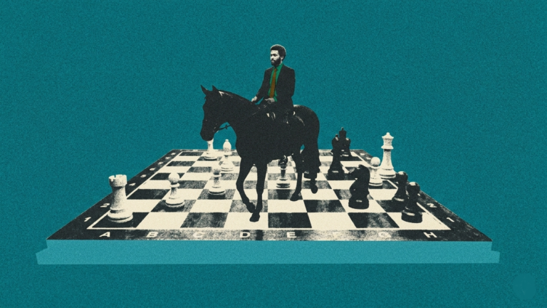 A man sitting on a horse and walking over chess